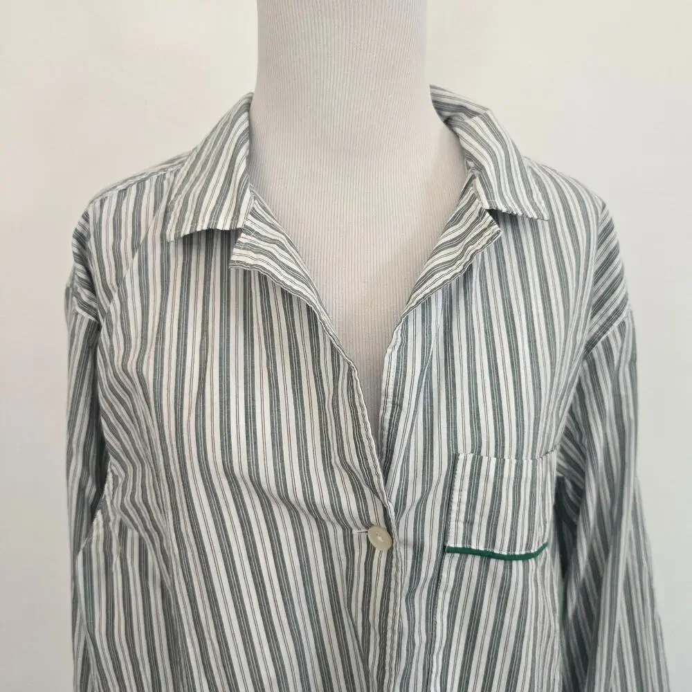J Crew Women Cotton Pajama Top Poplin Striped Oversized Classic Button Up Large
